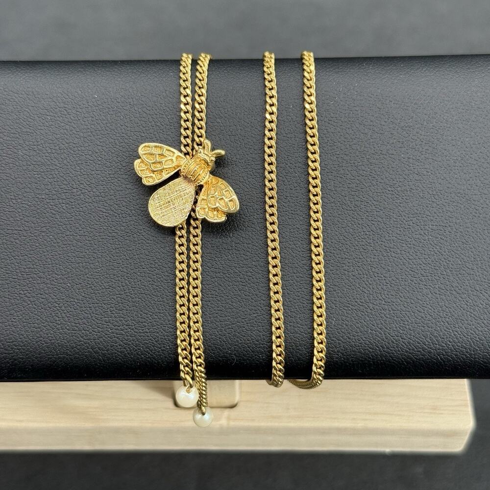 Gold Tone Honey Bee Bolo Lariat Necklace Textured Insect Pendant Pearl Accents